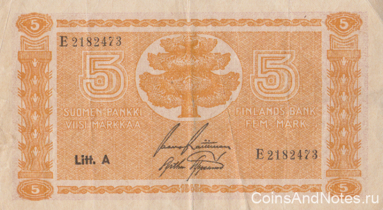 5 марок 1945 года. Финляндия. р76а(6)