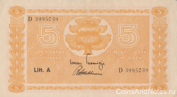 5 марок 1945 года. Финляндия. р76а(9)