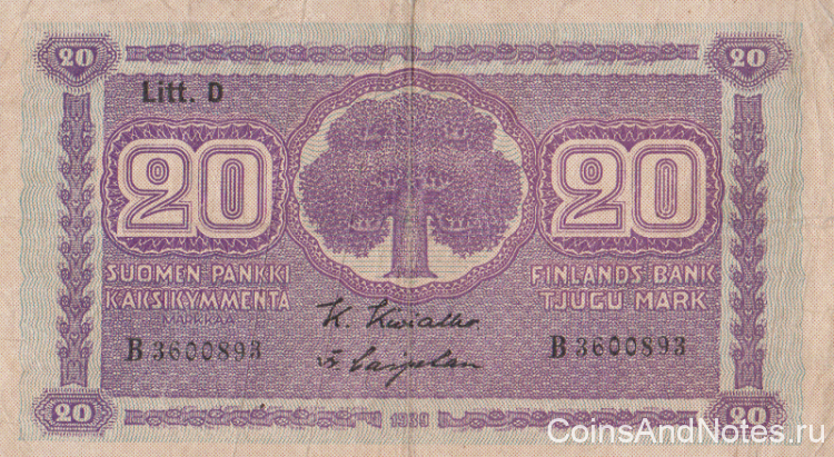 20 марок 1939 года. Финляндия. р71а(15)