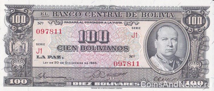 100 боливиано 20.12.1945 года. Боливия. р147(3)