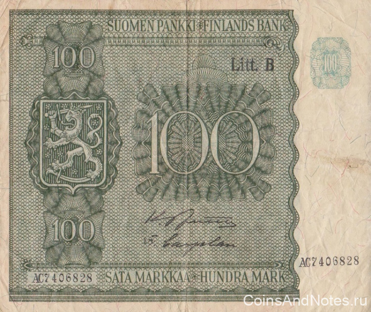 100 марок 1945 года. Финляндия. р88(4)