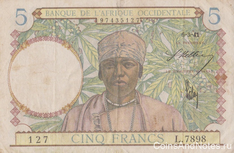 5 франков 06.03.1941 года. Французская Западная Африка. р21