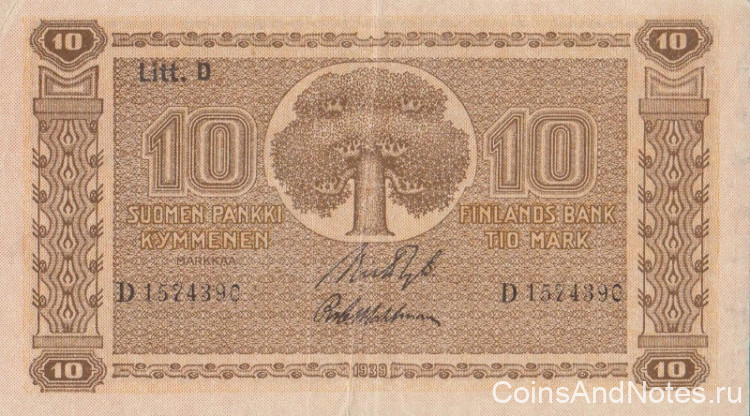 10 марок 1939 года. Финляндия. р70а(5)