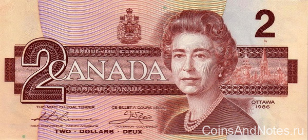 2 доллара 1986 года. Канада. р94b