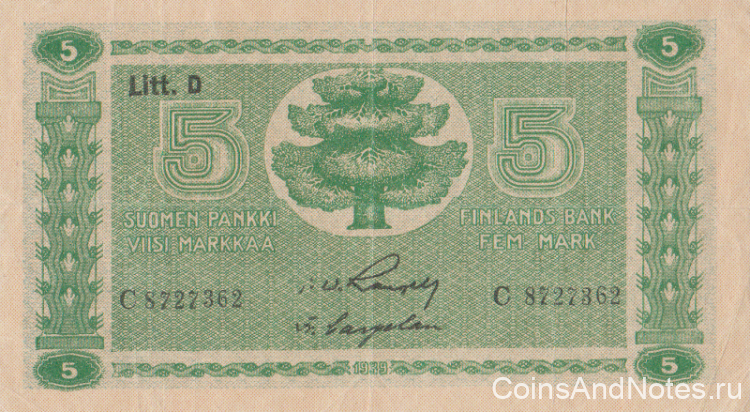 5 марок 1939 года. Финляндия. р69а(10)