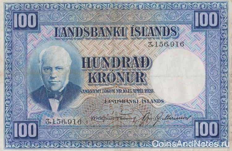 100 крон 15.04.1928 года. Исландия. р35а(4)