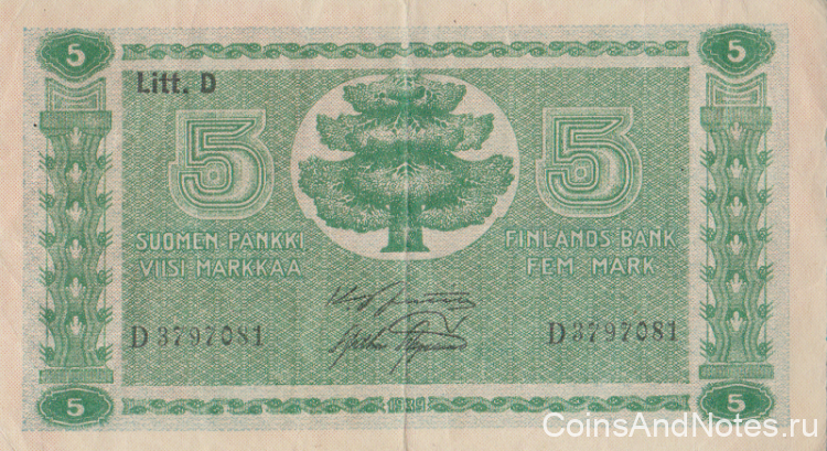 5 марок 1939 года. Финляндия. р69а(16)