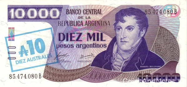 10 аустралей/10000 песо 1985 года. Аргентина. р322с