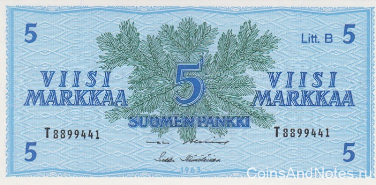 5 марок 1963 года. Финляндия. р106Аа(40)
