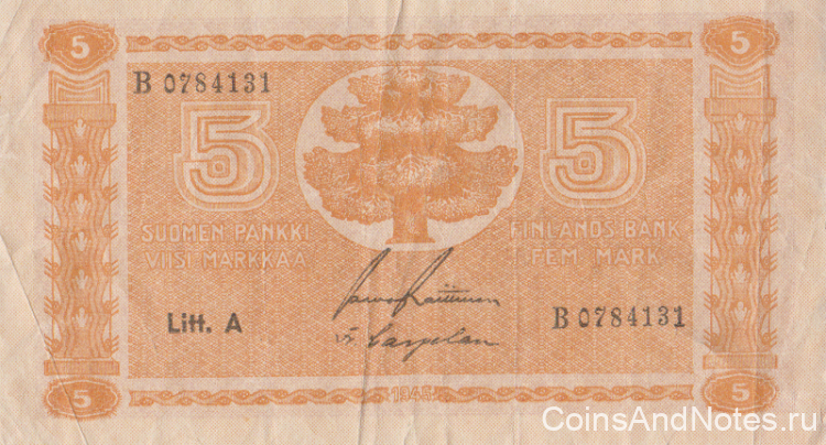 5 марок 1945 года. Финляндия. р76а(8)