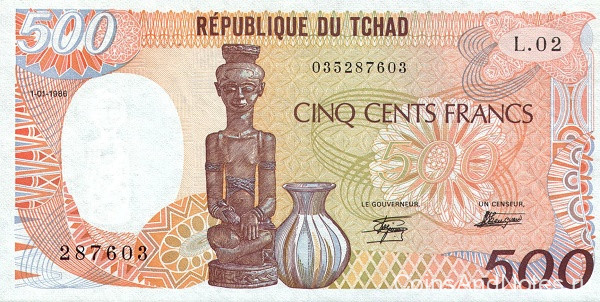 500 франков 1987 года. Чад. р9b