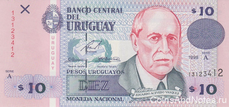 10 песо 1998 года. Уругвай. р81