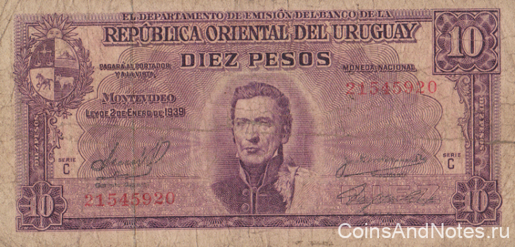10 песо 1939 года. Уругвай. р37с(2)