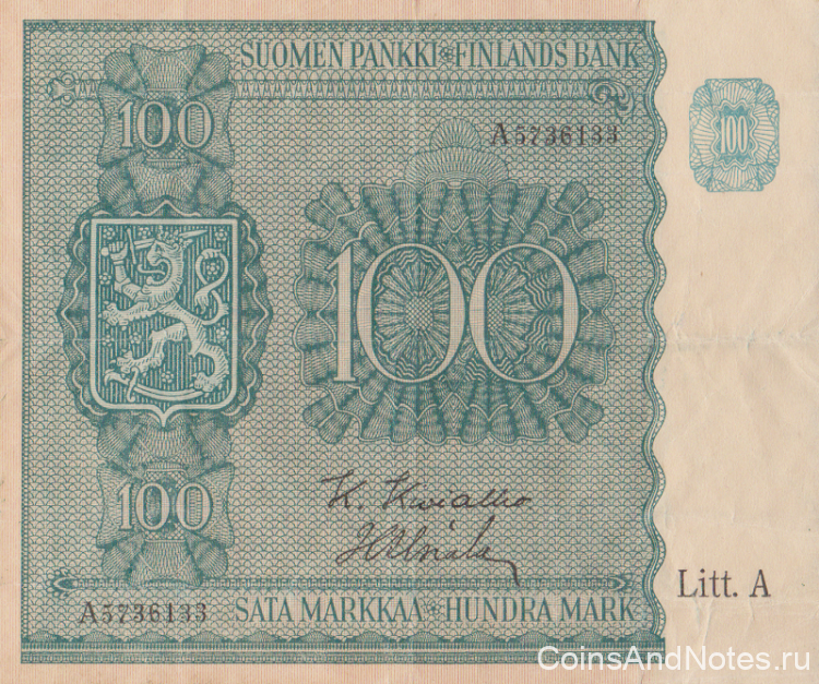 100 марок 1945 года. Финляндия. р80а(3)