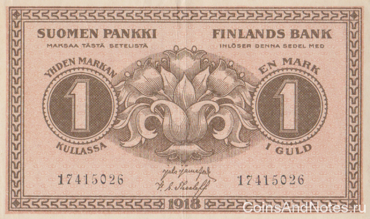 1 марка 1918 года. Финляндия. р35(2)