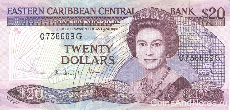 20 долларов Карибских островов 1988-1993 годов р24g(2)