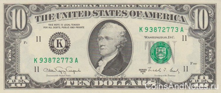 10 долларов 1988 года. США. р482(K)