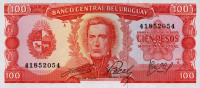 100 песо 1967 года. Уругвай. р47a
