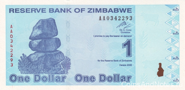 1 доллар 2009 года. Зимбабве. р92