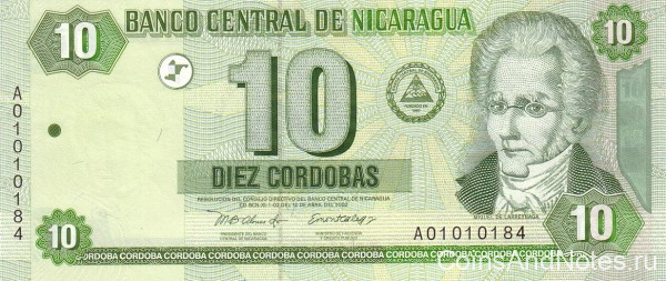 10 кордоба 10.04.2002 года. Никарагуа. р191