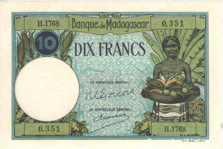 10 франков 1937-1947 годов. Мадагаскар. р36(3)