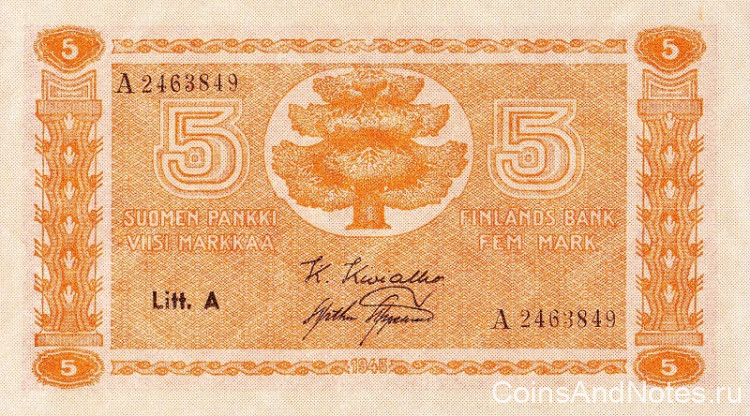 5 марок 1945 года. Финляндия. р76а(2)
