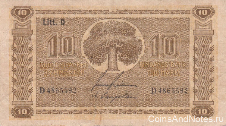 10 марок 1939 года. Финляндия. р70а(23)