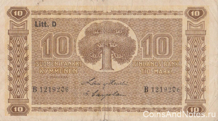 10 марок 1939 года. Финляндия. р70а(4)