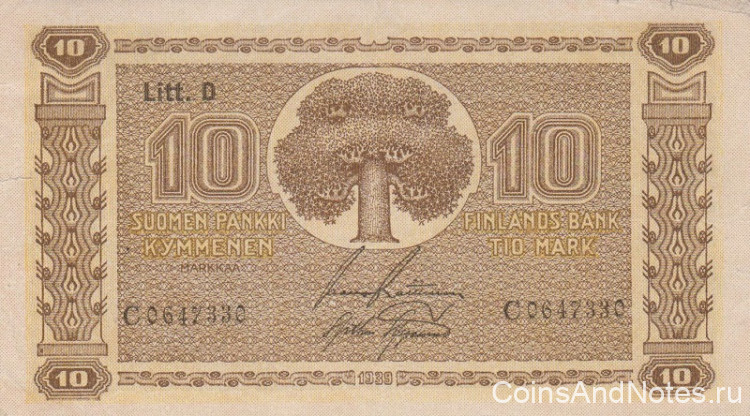 10 марок 1939 года. Финляндия. р70а(21)