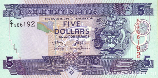 5 долларов 2004-2009 годов. Соломоновы острова. р26(1)