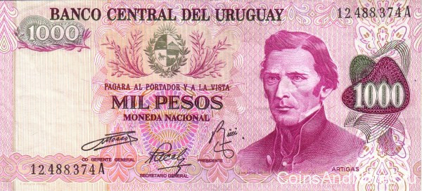1000 песо 1974 года. Уругвай. р52(2)