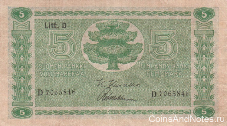 5 марок 1939 года. Финляндия. р69а(11)