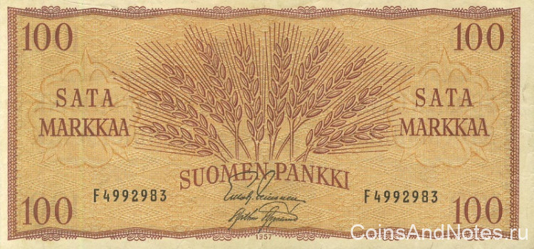 100 марок 1957 года. Финляндия. р97а(10)