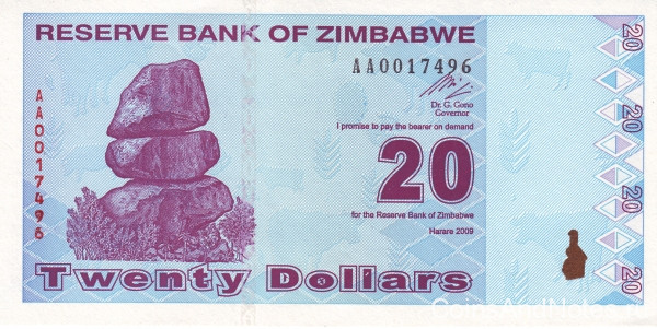 20 долларов 2009 года. Зимбабве. р95