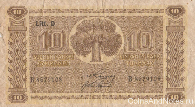 10 марок 1939 года. Финляндия. р70а(9)