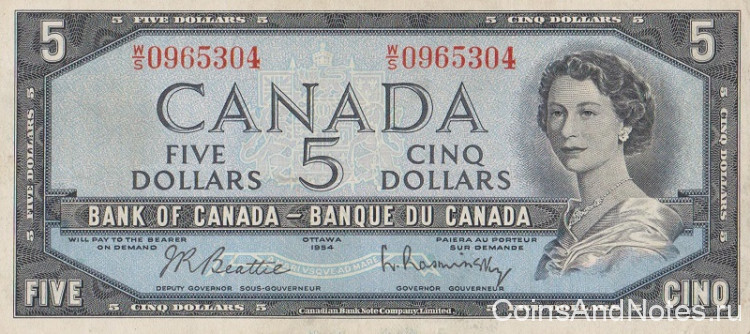 5 долларов 1954 года. Канада. р77b