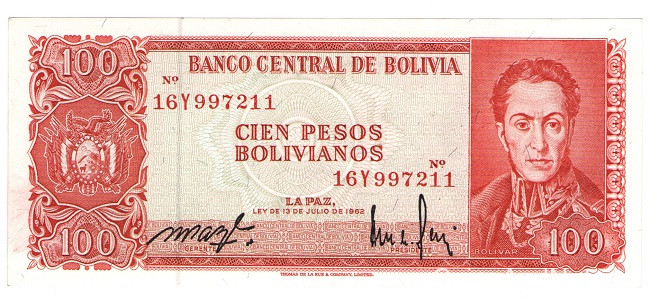 100 песо 1962 года. Боливия. р164A(1)