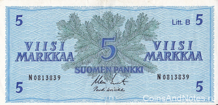 5 марок 1963 года. Финляндия. р106Аа(12)