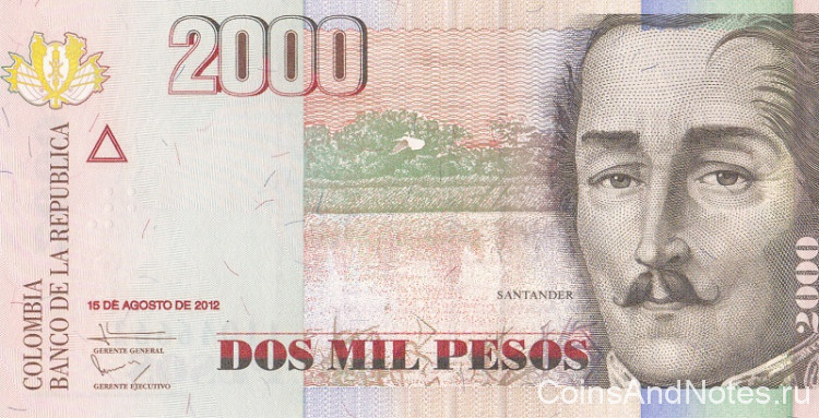 2000 песо 15.08.2012 года. Колумбия. р457t