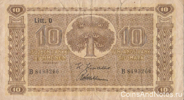 10 марок 1939 года. Финляндия. р70а(12) 10 марок 1939 года. Финляндия. р70а(12)
