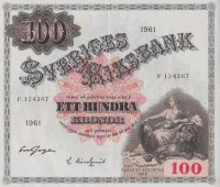 Банкнота 100 крон 1961 года. Швеция. р48с