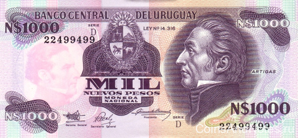 1000 песо 1992 года. Уругвй. р64Ab