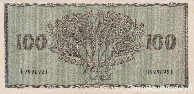 100 марок 1955 года. Финляндия. р91а(9)