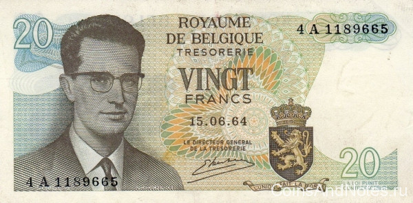 20 франков 15.06.1964 года. Бельгия. р138(3)