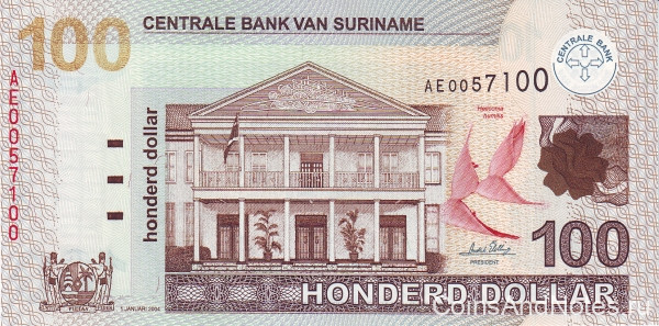 100 долларов 01.01.2004 года. Суринам. р161а