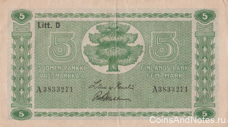 5 марок 1939 года. Финляндия. р69а(1)