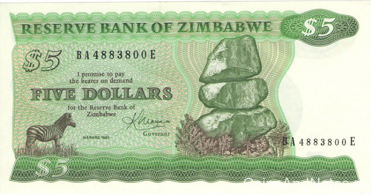 5 долларов 1983 года. Зимбабве. р2с