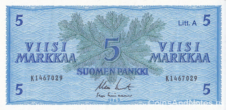 5 марок 1963 года. Финляндия. р103а(27)