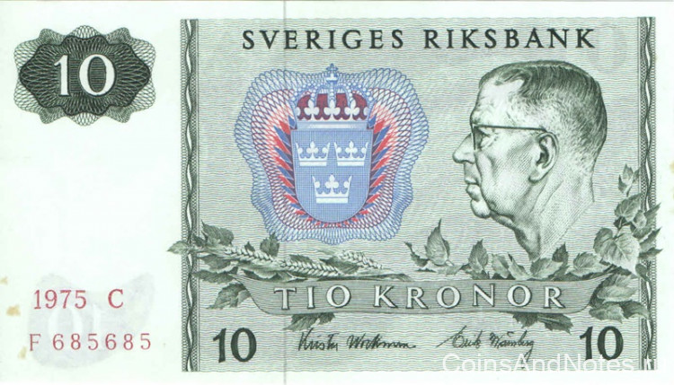 10 крон 1975 года. Швеция. р52с