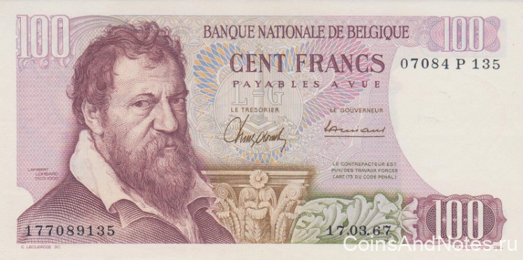 100 франков 17.03.1967 года. Бельгия. р134